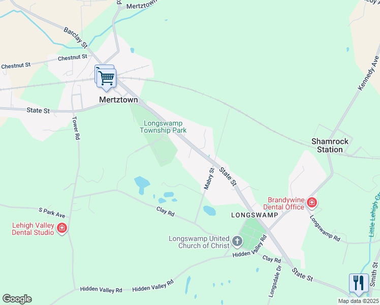 map of restaurants, bars, coffee shops, grocery stores, and more near 1160 State Street in Mertztown