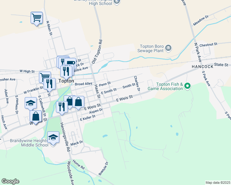 map of restaurants, bars, coffee shops, grocery stores, and more near 307 East Weis Street in Topton