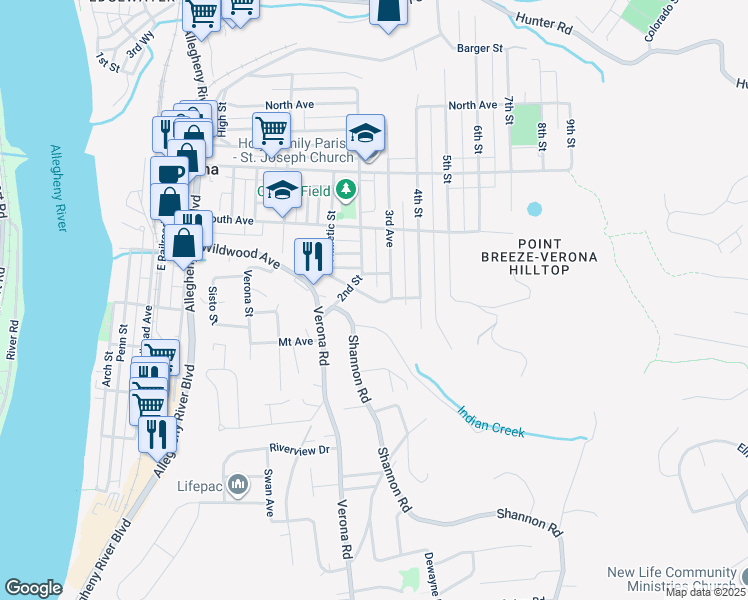 map of restaurants, bars, coffee shops, grocery stores, and more near 630 Church Street in Verona