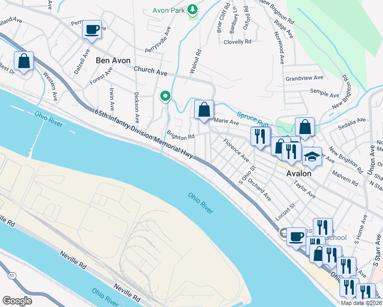 map of restaurants, bars, coffee shops, grocery stores, and more near 6529 Ohio River Boulevard in Pittsburgh