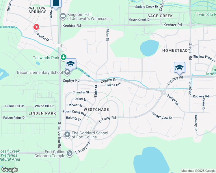 map of restaurants, bars, coffee shops, grocery stores, and more near 6108 Westchase Road in Fort Collins