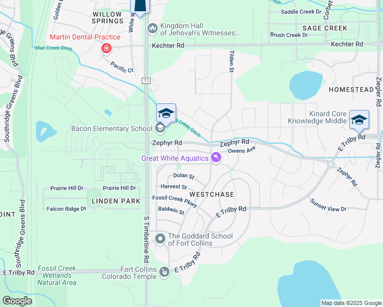 map of restaurants, bars, coffee shops, grocery stores, and more near 2215 Chandler Street in Fort Collins
