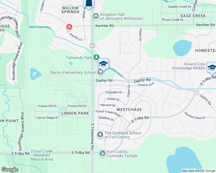 map of restaurants, bars, coffee shops, grocery stores, and more near 2151 Chandler Street in Fort Collins
