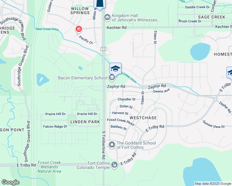 map of restaurants, bars, coffee shops, grocery stores, and more near 2151 Chandler Street in Fort Collins