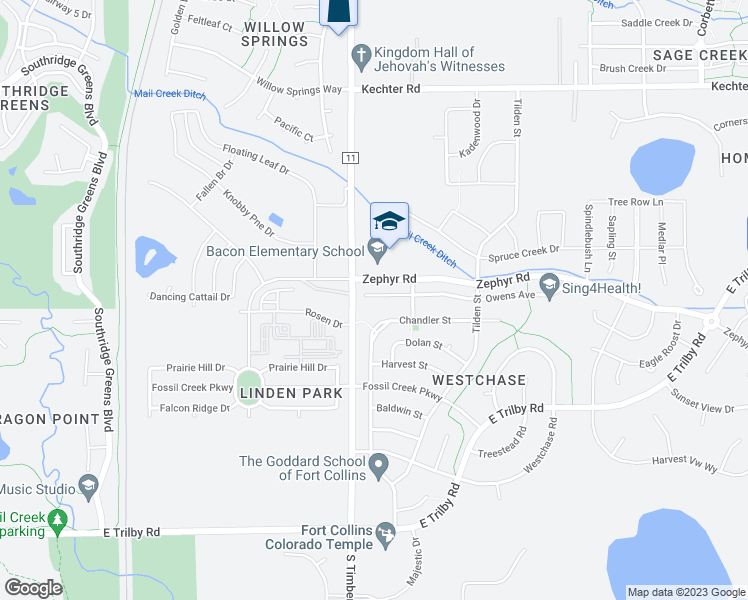 map of restaurants, bars, coffee shops, grocery stores, and more near 6121 Carmichael Street in Fort Collins