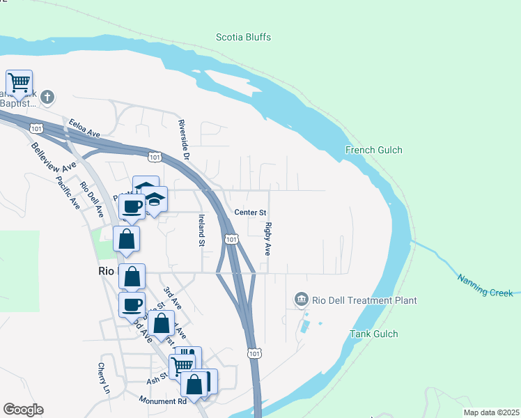 map of restaurants, bars, coffee shops, grocery stores, and more near 221-381 Center Street in Rio Dell