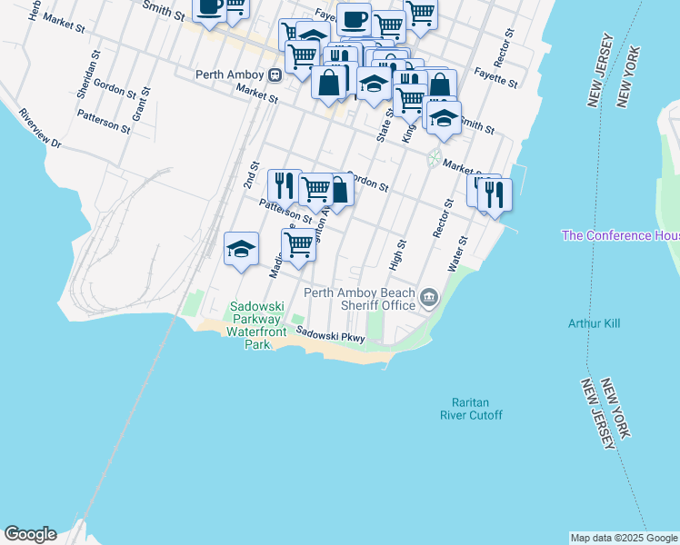 map of restaurants, bars, coffee shops, grocery stores, and more near 117 Lewis Street in Perth Amboy