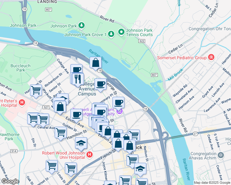 map of restaurants, bars, coffee shops, grocery stores, and more near 542 George Street in New Brunswick