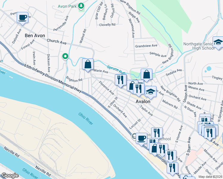 map of restaurants, bars, coffee shops, grocery stores, and more near 301 Ohio Street in Avalon