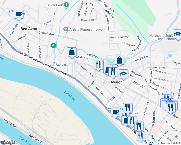 map of restaurants, bars, coffee shops, grocery stores, and more near 301 Ohio Street in Avalon