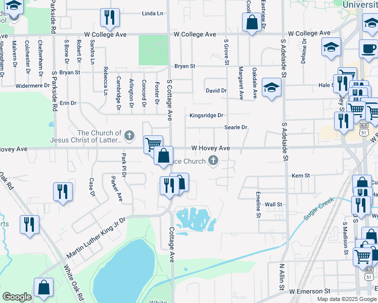 map of restaurants, bars, coffee shops, grocery stores, and more near 909 Railroad Avenue in Normal
