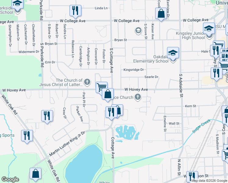 map of restaurants, bars, coffee shops, grocery stores, and more near 925 South Cottage Avenue in Normal
