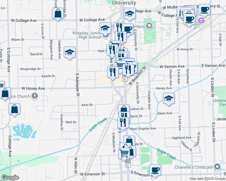 map of restaurants, bars, coffee shops, grocery stores, and more near 608 Kingsley Court in Normal