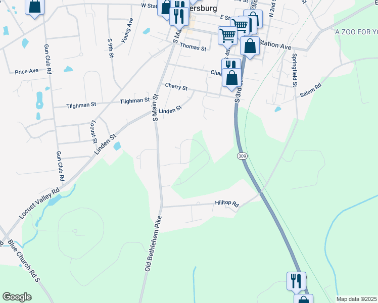 map of restaurants, bars, coffee shops, grocery stores, and more near 7555 Clayton Avenue in Coopersburg