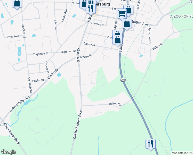 map of restaurants, bars, coffee shops, grocery stores, and more near 7535 South Main Street in Coopersburg