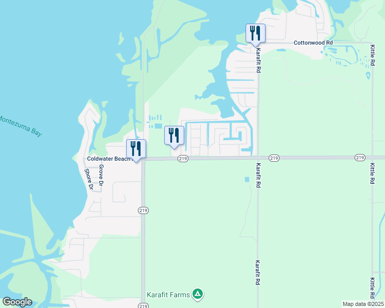 map of restaurants, bars, coffee shops, grocery stores, and more near 6953 Ohio 219 in Celina
