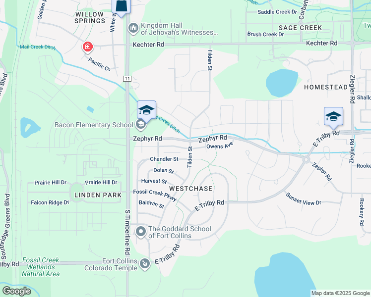 map of restaurants, bars, coffee shops, grocery stores, and more near Owens Avenue in Fort Collins