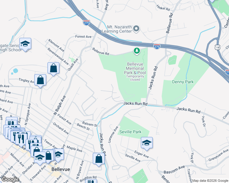 map of restaurants, bars, coffee shops, grocery stores, and more near 316 Wildflower Court in Pittsburgh