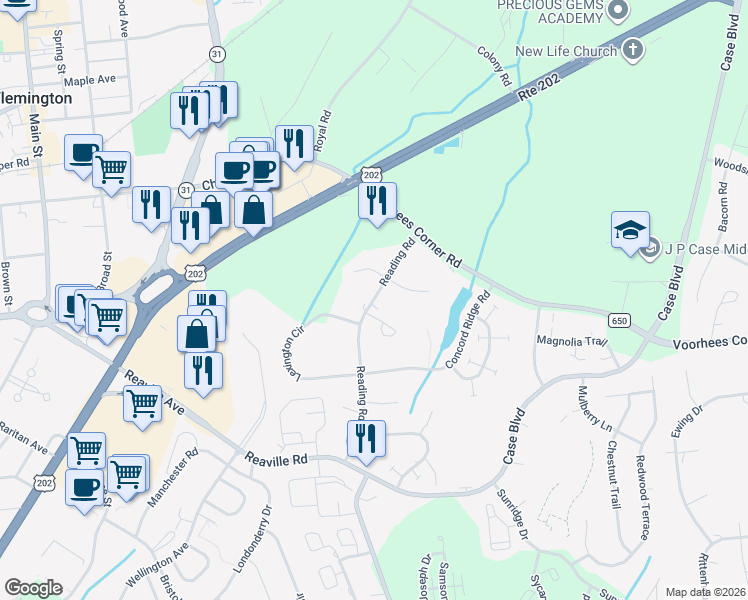 map of restaurants, bars, coffee shops, grocery stores, and more near 16 Reading Road in Flemington