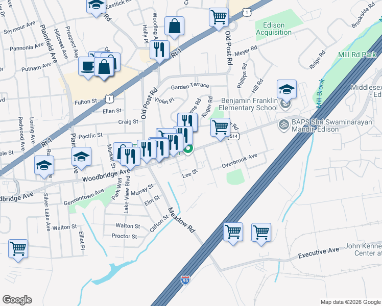 map of restaurants, bars, coffee shops, grocery stores, and more near 2303 Woodbridge Avenue in Edison