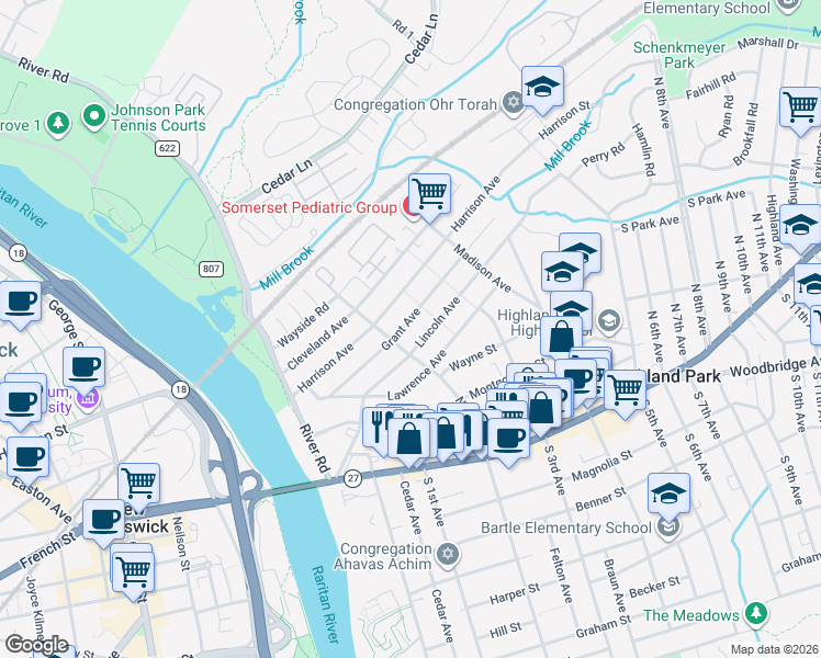 map of restaurants, bars, coffee shops, grocery stores, and more near 235 Grant Avenue in Highland Park