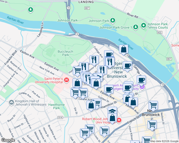 map of restaurants, bars, coffee shops, grocery stores, and more near 54 Richardson Street in New Brunswick