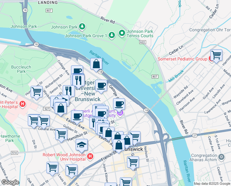 map of restaurants, bars, coffee shops, grocery stores, and more near State Highway 18 in New Brunswick