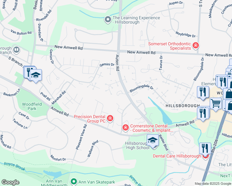map of restaurants, bars, coffee shops, grocery stores, and more near 117-1A Bluebird Drive in Somerset County