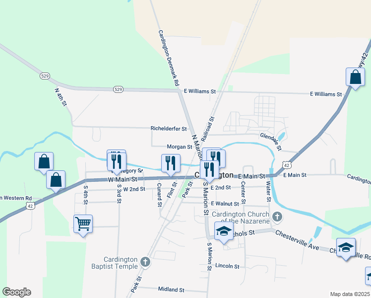 map of restaurants, bars, coffee shops, grocery stores, and more near 112 Morgan Street in Cardington