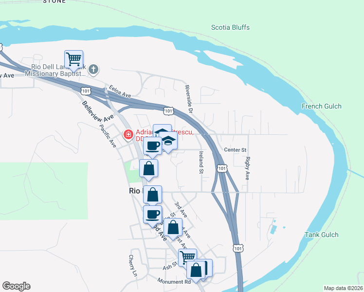 map of restaurants, bars, coffee shops, grocery stores, and more near 139-171 Painter Street in Rio Dell