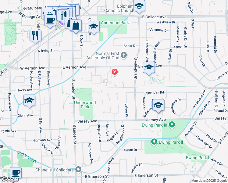 map of restaurants, bars, coffee shops, grocery stores, and more near 608 Hillview Drive in Normal