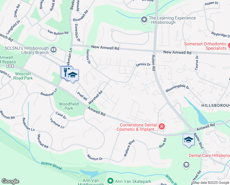 map of restaurants, bars, coffee shops, grocery stores, and more near 2D Nighthawk Court in Somerset County