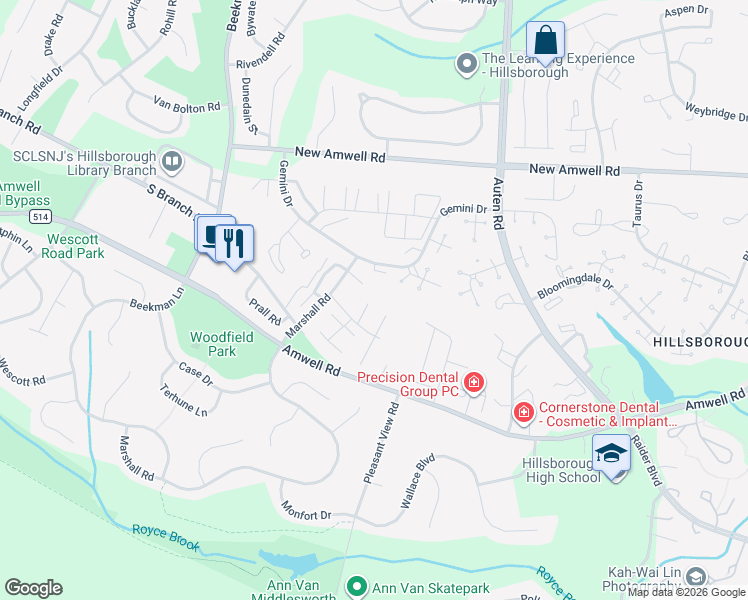 map of restaurants, bars, coffee shops, grocery stores, and more near 2D Nighthawk Court in Somerset County