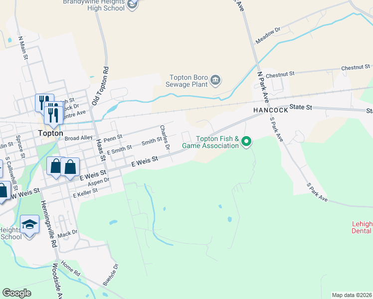 map of restaurants, bars, coffee shops, grocery stores, and more near 570 State Street in Mertztown
