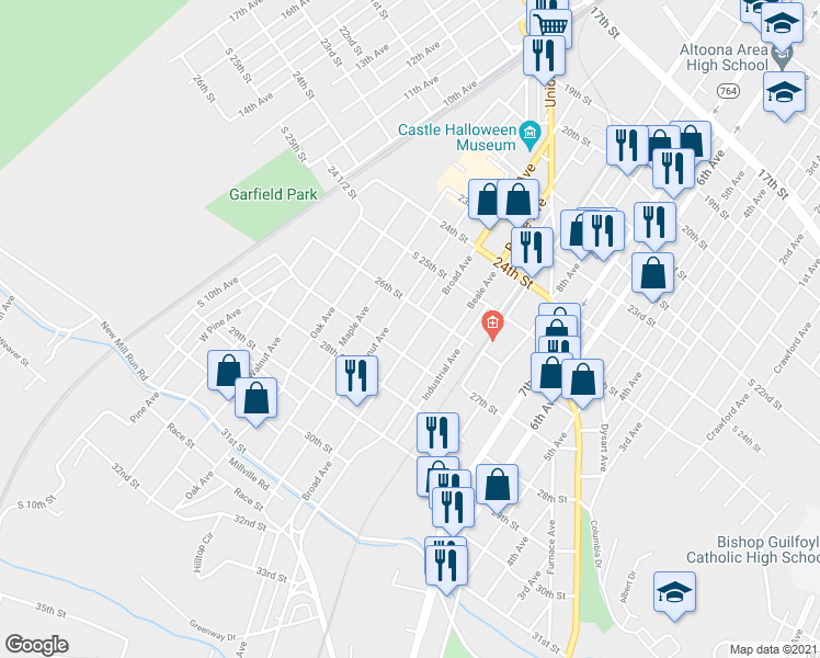 map of restaurants, bars, coffee shops, grocery stores, and more near 2614 Broad Avenue in Altoona