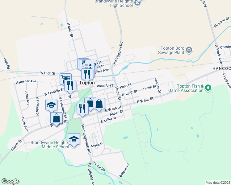 map of restaurants, bars, coffee shops, grocery stores, and more near 14 South Haas Street in Topton