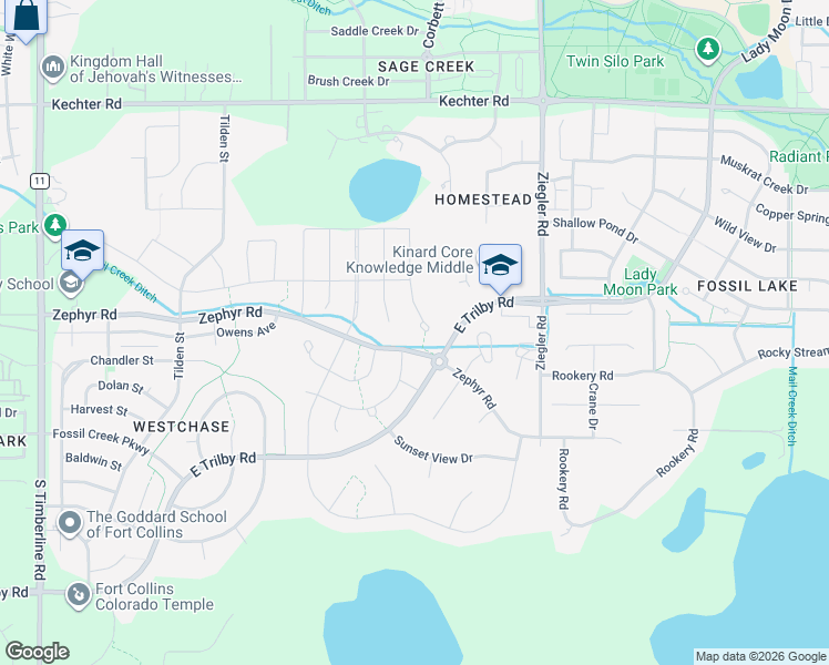 map of restaurants, bars, coffee shops, grocery stores, and more near 6051 Espalier Court in Fort Collins