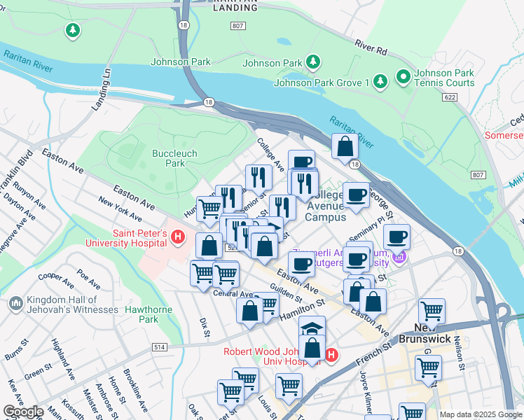 map of restaurants, bars, coffee shops, grocery stores, and more near in New Brunswick
