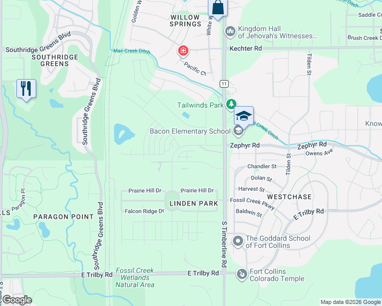 map of restaurants, bars, coffee shops, grocery stores, and more near 6015 South Timberline Road in Fort Collins
