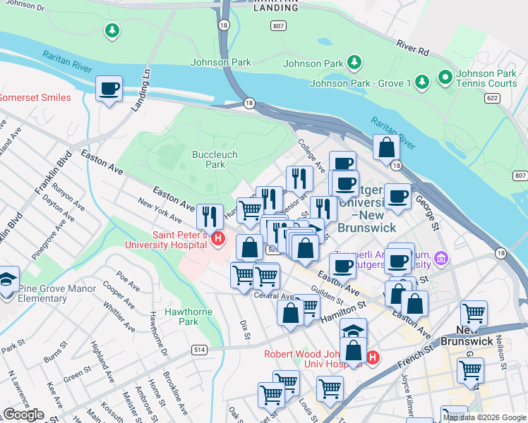 map of restaurants, bars, coffee shops, grocery stores, and more near 88 Huntington Street in New Brunswick
