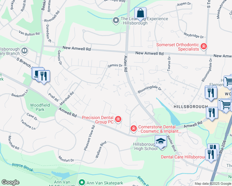 map of restaurants, bars, coffee shops, grocery stores, and more near 118 Bluebird Drive in Somerset County