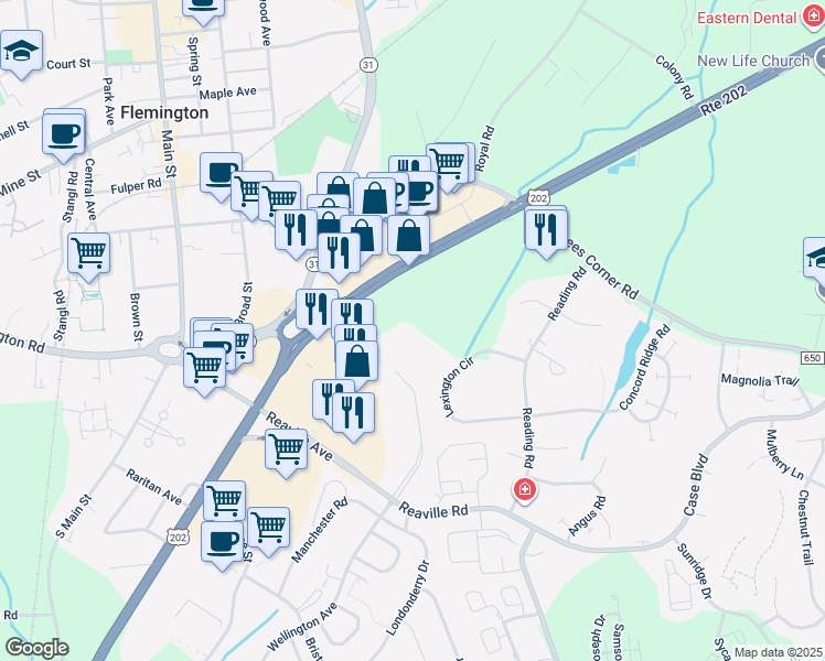 map of restaurants, bars, coffee shops, grocery stores, and more near 1412 Normandy Court in Flemington