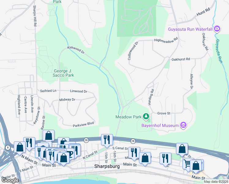 map of restaurants, bars, coffee shops, grocery stores, and more near 82 Lower Road in Pittsburgh