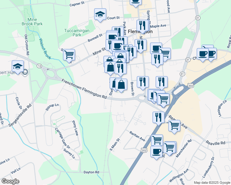 map of restaurants, bars, coffee shops, grocery stores, and more near 74 Liberty Village in Flemington