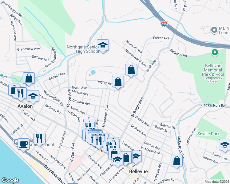 map of restaurants, bars, coffee shops, grocery stores, and more near 527 Tingley Avenue in Pittsburgh