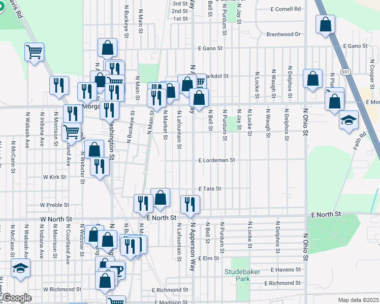 map of restaurants, bars, coffee shops, grocery stores, and more near 1717 North Apperson Way in Kokomo