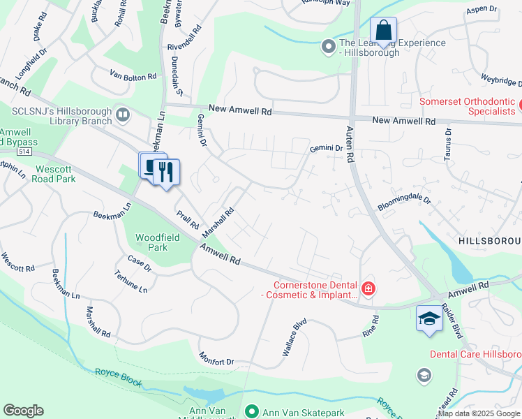 map of restaurants, bars, coffee shops, grocery stores, and more near 911 Merritt Drive in Hillsborough Township