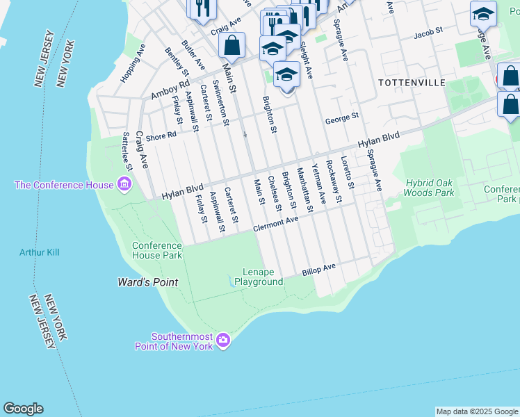 map of restaurants, bars, coffee shops, grocery stores, and more near 504 Main Street in Staten Island