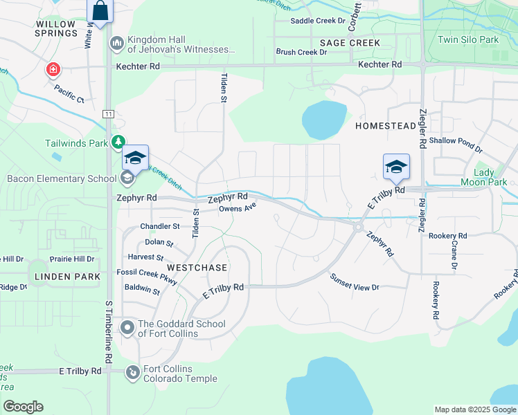 map of restaurants, bars, coffee shops, grocery stores, and more near 2527 Owens Avenue in Fort Collins