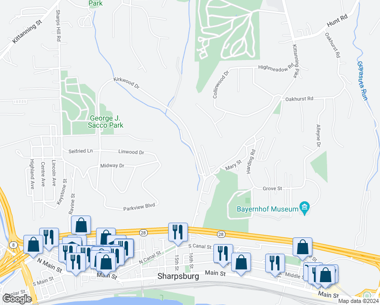 map of restaurants, bars, coffee shops, grocery stores, and more near 82 Lower Road in Pittsburgh